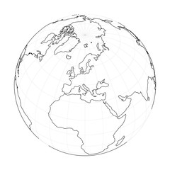 Earth globe wireframe. Focused on Europe. Vector illustration of black stroke on white background.