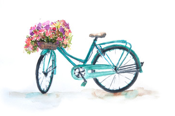 Fototapeta na wymiar Blue retro bicycle with colorful flowers on white background, watercolor painting on paper