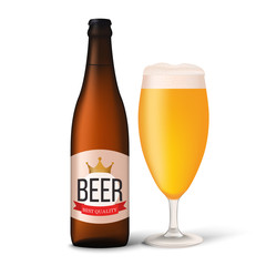 Craft beer. Realistic beer bottle and beer glass isolated on white background. Vector illustration