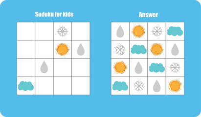 Sudoku game with pictures (sun,cloud,drop,snowflake) for children, easy level, education game for kids, preschool worksheet activity, task for the development of logical thinking, vector illustration