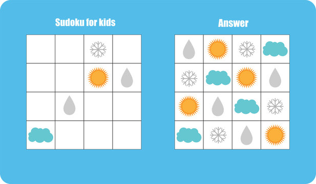 Sudoku game with pictures (sun,cloud,drop,snowflake) for children, easy level, education game for kids, preschool worksheet activity, task for the development of logical thinking, vector illustration