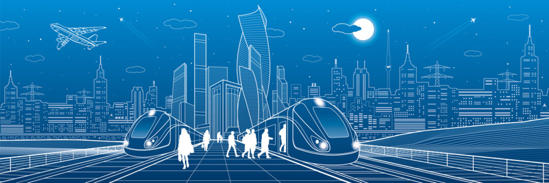 Trains ride on railroad. Passengers at station. Transport panorama. Urban infrastructure, modern city on background, industrial architecture. White lines, town scene, vector design art