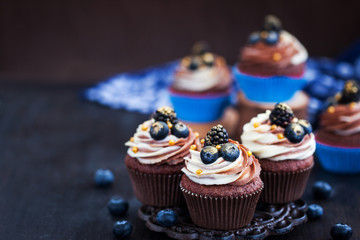 Homemade delicious chocolate cupcakes with fresh berries on top