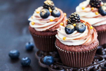 Homemade delicious chocolate cupcakes with fresh berries on top