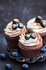 Homemade delicious chocolate cupcakes with fresh berries on top