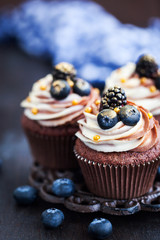 Homemade delicious chocolate cupcakes with fresh berries on top