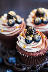 Homemade delicious chocolate cupcakes with fresh berries on top