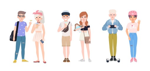 Fototapeta premium Collection of modern children eating ice cream, spinning fidget spinner, roller skating, riding hoverboard. Set of smiling boys and girls isolated on white background. Colorful vector illustration.