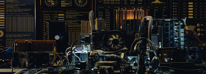 Concept of computer circuit computer board for bitcoin mining. Devices and technology for mining cryptocurrency. 