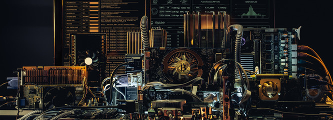 Concept of computer circuit computer board for bitcoin mining. Devices and technology for mining cryptocurrency. 