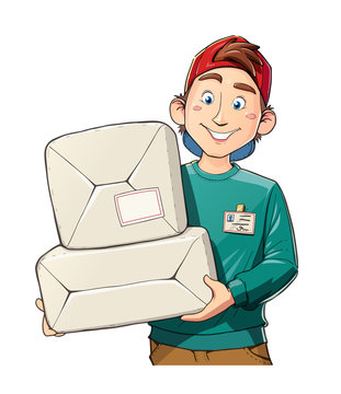 Man with package. Delivery service. Postman mail. Cartoon