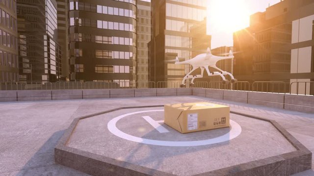 Drone takes away a parcel on a building roof. Beautiful conceptual 3d animation, 4K