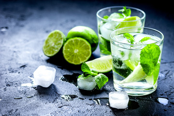 mojito in glass on dark background close up