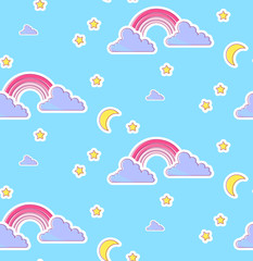 Nursery Baby Seamless Pattern with Rainbow, Clouds, Moon and Stars. Night Sky Design. Vector illustration