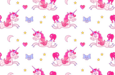 Nursery Baby Seamless Pattern with Fairy Unicorn, Bow, Pink Heart, Crescent Moon and Stars