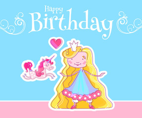 Happy Little Princess Birthday Card Template with Fairy Girl, Magic Unicorn and Pink Heart. Vector illustration
