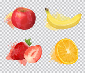 Set of delicious fruit vector illustrations in watercolor style isolated on transparent background