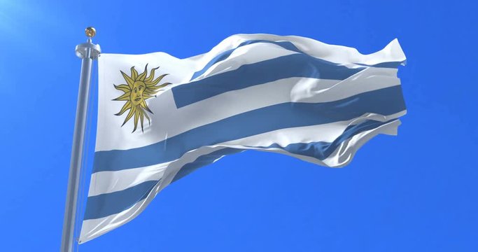 Flag of Uruguay waving at wind in slow with blue sky, loop