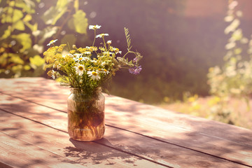 Beautiful bouquet of wildflowers on wooden table in rays of evening sun. Vintage art photo of chamomile, cornflower and bell in yard. © Max
