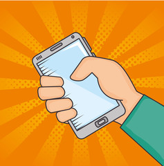 Hand holding smartphone over orange background vector illustration