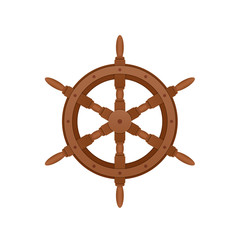 Steering wooden wheel for ship. Sea voyage on water.