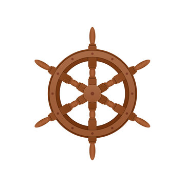 Steering wooden wheel for ship. Sea voyage on water.