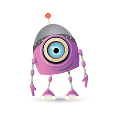 vector funny cartoon purple friendly robot character isolated on white background. Kids 3d robot toy. chat bot icon