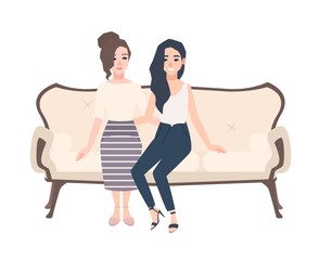 Pair of smiling young women dressed in elegant clothes sitting on classical sofa. Two cheerful female cartoon characters embracing on cozy couch. Friend s meeting. Colorful vector illustration.