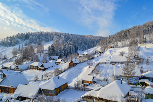 Village and forest in the Ural Mountains, Russia, Chelyabinsk region, Minyar. Pushkin's fairy tale