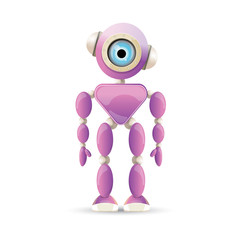 vector funny cartoon purple friendly robot character isolated on white background. Kids 3d robot toy. chat bot icon