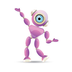 vector funny cartoon purple friendly robot character isolated on white background. Kids 3d robot toy. chat bot icon