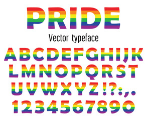 Multicolored celebrate pride typeface. ABC colorful letters and numbers isolated on white. Vector illustration. - 189329708