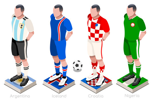 Soccer world cup a group of players with team shirts flags and ball. Isometric football vector illustration