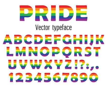 Multicolored celebrate pride typeface. ABC colorful letters and numbers isolated on white. Vector illustration.