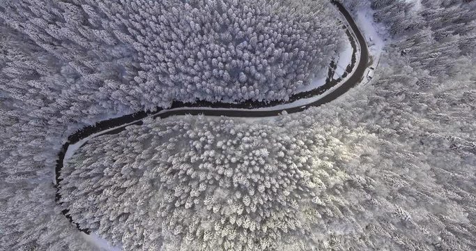 Road Aerial Of A Car In The Winter