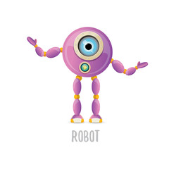 vector funny cartoon purple friendly robot character isolated on white background. Kids 3d robot toy. chat bot icon