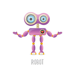 vector funny cartoon purple friendly robot character isolated on white background. Kids 3d robot toy. chat bot icon