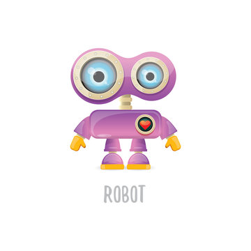 vector funny cartoon purple friendly robot character isolated on white background. Kids 3d robot toy. chat bot icon