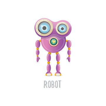 vector funny cartoon purple friendly robot character isolated on white background. Kids 3d robot toy. chat bot icon