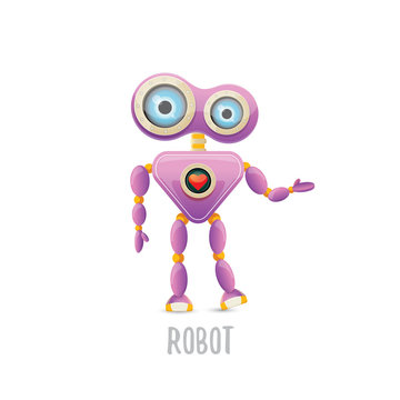 vector funny cartoon purple friendly robot character isolated on white background. Kids 3d robot toy. chat bot icon