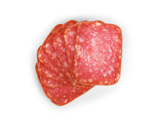 Salami smoked sausage, basil leaves and peppercorns isolated on white background cutout