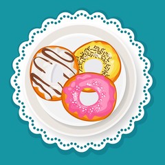 Delicious sweet donuts in glaze on plate with wavy edge