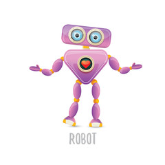vector funny cartoon purple friendly robot character isolated on white background. Kids 3d robot toy. chat bot icon