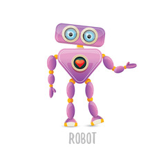 vector funny cartoon purple friendly robot character isolated on white background. Kids 3d robot toy. chat bot icon