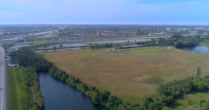 Aerial drone video Markham Park  Florida remote control air field tour