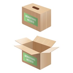 Donations needed sign on wooden and cardboard box