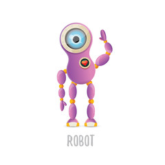 vector funny cartoon purple friendly robot character isolated on white background. Kids 3d robot toy. chat bot icon