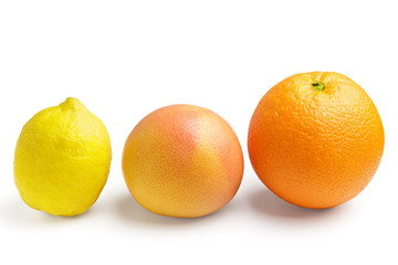 Collection of citrus fruits, orange, lemon and grapefruit, isolated on a white background