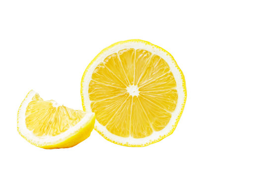 One round slice and one piece of yellow ripe lemon fruit, isolated on a white background