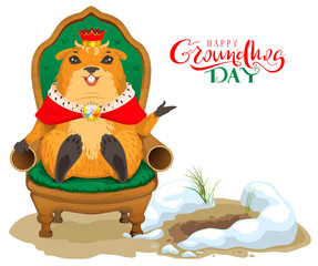 Fototapeta premium Happy groundhog day greeting card. Marmot king sitting on throne chair